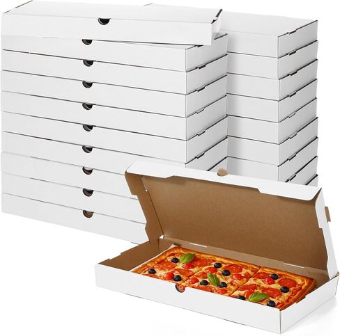 50 PCS بيتزا صناديق 14 × 7 × 1.5 بوصة مربع مسطح أبيض مموج مستطيل ، خذ حاويات الخبز للبيتزا المسطحة من مخبز المعجنات in Kuwait