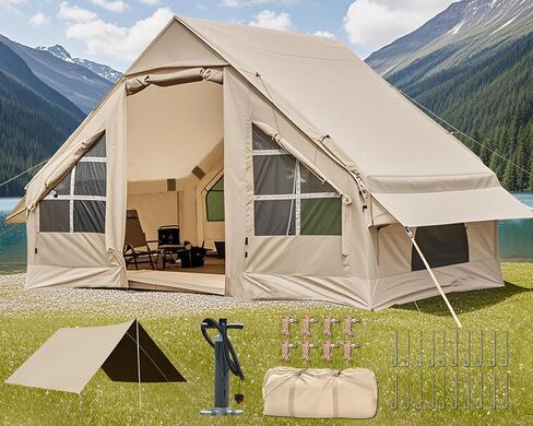 Inflatable Camping Tent with Canopy, Cabin Tent, 4-6 Person Glamping Tents Sun Shelter, Easy Setup Waterproof Outdoor Oxford Tents, Self-Supporting Structure Inflatable House Tent with Picnic Blanket in Kuwait