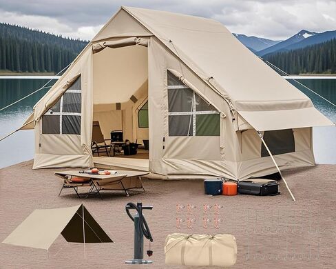 Inflatable Camping Tent with Canopy, Cabin Tent, 4-6 Person Glamping Tents Sun Shelter, Easy Setup Waterproof Outdoor Oxford Tents, Self-Supporting Structure Inflatable House Tent with Picnic Blanket in Kuwait