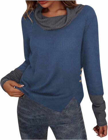 Women's Turtleneck Sweaters Long Sleeve Waffle Knit Pullover Tops Color Block Shirts Blouses Fall Clothes Outfits in Kuwait