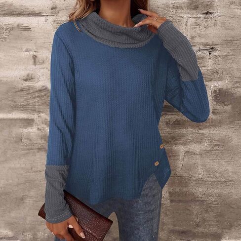 Women's Turtleneck Sweaters Long Sleeve Waffle Knit Pullover Tops Color Block Shirts Blouses Fall Clothes Outfits in Kuwait
