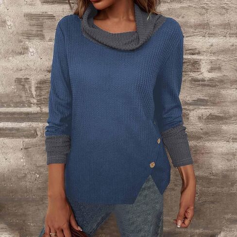 Women's Turtleneck Sweaters Long Sleeve Waffle Knit Pullover Tops Color Block Shirts Blouses Fall Clothes Outfits in Kuwait