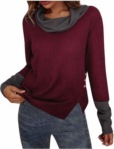 Women's Turtleneck Sweaters Long Sleeve Waffle Knit Pullover Tops Color Block Shirts Blouses Fall Clothes Outfits in Kuwait