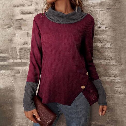 Women's Turtleneck Sweaters Long Sleeve Waffle Knit Pullover Tops Color Block Shirts Blouses Fall Clothes Outfits in Kuwait