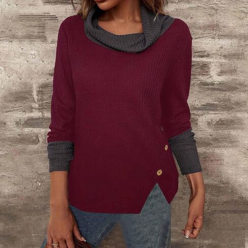 Women's Turtleneck Sweaters Long Sleeve Waffle Knit Pullover Tops Color Block Shirts Blouses Fall Clothes Outfits in Kuwait