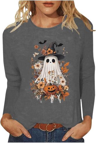Halloween Shirts for Women Long Sleeve Tshirts Ghost Spooky Season Graphic Crewneck Sweatshirts 2025 in Saudi Arabia