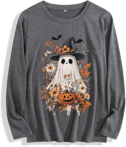 Halloween Shirts for Women Long Sleeve Tshirts Ghost Spooky Season Graphic Crewneck Sweatshirts 2025 in Saudi Arabia