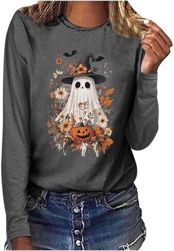 Halloween Shirts for Women Long Sleeve Tshirts Ghost Spooky Season Graphic Crewneck Sweatshirts 2025 in Saudi Arabia