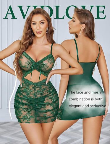 Avidlove Sexy Lingerie for Women Ruched Lace Babydoll Lingerie Cutout Mesh Bodycon Chemise Nightgown S-XXL in Saudi Arabia