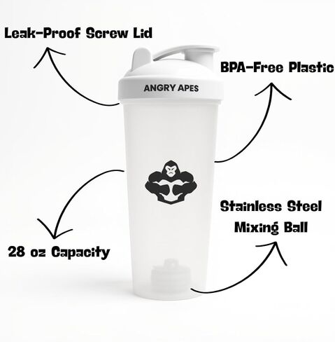 Angry Apes 28 oz Shaker Bottle – BPA-Free Tritan, Leak-Proof Flip Cap, Aluminum Mixer Ball & Measurement Scale – Black Variant with White Logo (black) in Saudi Arabia