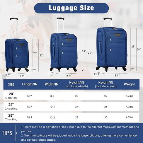 مجموعة حقيبة Merax set Softside 3 قطع قابلة للتوسيع مع TSA Lock Wheels Lightweight Formage مع حقيبة سفر (22/26/30 ، باللون الأخضر الأزرق) in Kuwait