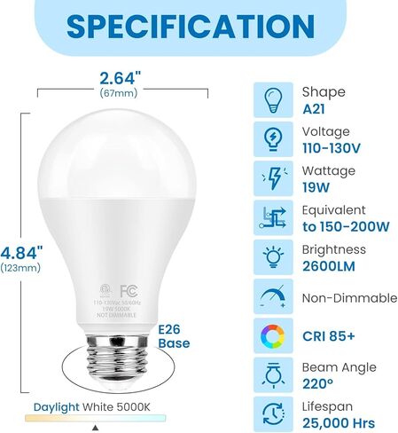 مصابيح مصباح LED مشرقة فائقة ، 150 واط مكافئة ، 5000 كيلو أبيض ضوء النهار ، 2600 لومين مرتفع ، قاعدة E26 ، غير قابلة للتجويف ، A21 19W مصابيح LED بيضاء مشرقة كفاءة في الطاقة لشرفة المكاتب المنزلية ، 6 حزم in Kuwait