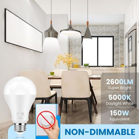 مصابيح مصباح LED مشرقة فائقة ، 150 واط مكافئة ، 5000 كيلو أبيض ضوء النهار ، 2600 لومين مرتفع ، قاعدة E26 ، غير قابلة للتجويف ، A21 19W مصابيح LED بيضاء مشرقة كفاءة في الطاقة لشرفة المكاتب المنزلية ، 6 حزم in Kuwait