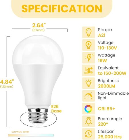 مصابيح مصباح LED مشرقة فائقة ، 150 واط مكافئة ، 5000 كيلو أبيض ضوء النهار ، 2600 لومين مرتفع ، قاعدة E26 ، غير قابلة للتجويف ، A21 19W مصابيح LED بيضاء مشرقة كفاءة في الطاقة لشرفة المكاتب المنزلية ، 6 حزم in Kuwait