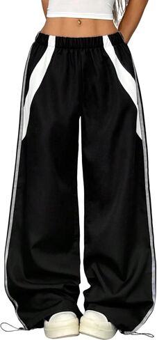 ZAFUL Womens Parachute Pants Y2k Baggy Elasitc Waist Track Pants Contrast Pipping Sweatpant Trousers in Saudi Arabia