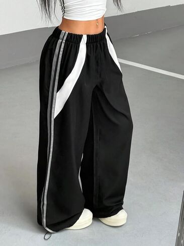 ZAFUL Womens Parachute Pants Y2k Baggy Elasitc Waist Track Pants Contrast Pipping Sweatpant Trousers in Saudi Arabia