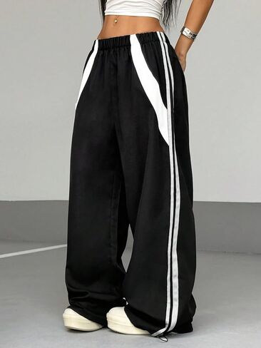 ZAFUL Womens Parachute Pants Y2k Baggy Elasitc Waist Track Pants Contrast Pipping Sweatpant Trousers in Saudi Arabia