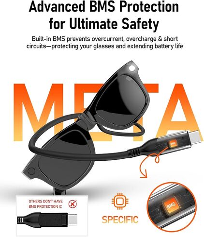 شحن كابل متوافق مع النظارات الذكية Rayban/Oakley Meta-رقاقة تم ترقيتها لشحن مستقر ، متوافق مع Wayfarer ، Skyler ، عناوين رئيسية ، العمل مع بنوك الطاقة والمحولات وهواتف Type-C in Kuwait
