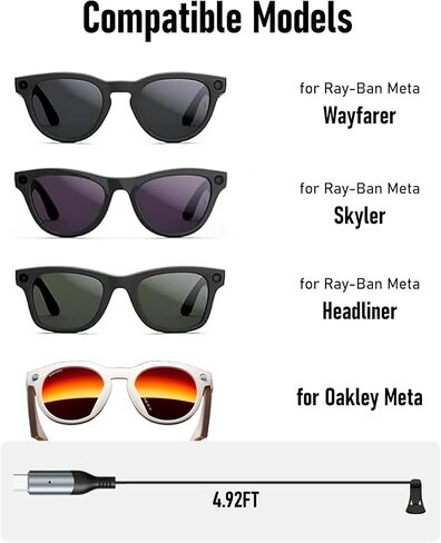 شحن كابل متوافق مع النظارات الذكية Rayban/Oakley Meta-رقاقة تم ترقيتها لشحن مستقر ، متوافق مع Wayfarer ، Skyler ، عناوين رئيسية ، العمل مع بنوك الطاقة والمحولات وهواتف Type-C in Kuwait