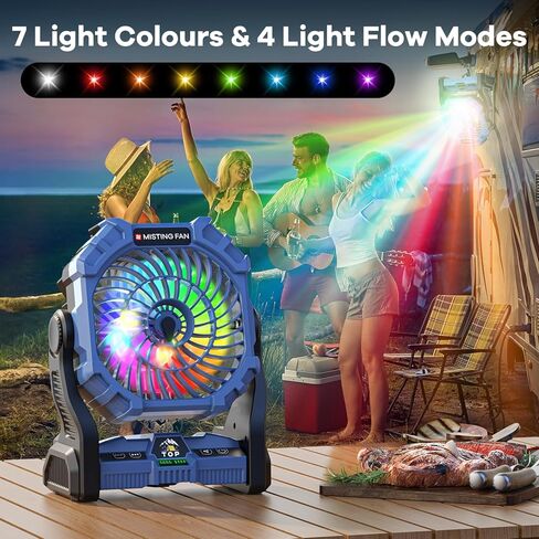 مروحة ضبابية محمولة مع فانوس RGB ، 30000 مللي أمبير في الساعة قابلة لإعادة الشحن المعجبين بالبطارية التي تعمل مع مروحة Mist مع إمدادات إعصار في حالات الطوارئ ، Mister Cooling Mister للسفر في الهواء الطلق in Kuwait