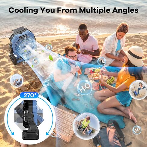مروحة ضبابية محمولة مع فانوس RGB ، 30000 مللي أمبير في الساعة قابلة لإعادة الشحن المعجبين بالبطارية التي تعمل مع مروحة Mist مع إمدادات إعصار في حالات الطوارئ ، Mister Cooling Mister للسفر في الهواء الطلق in Kuwait