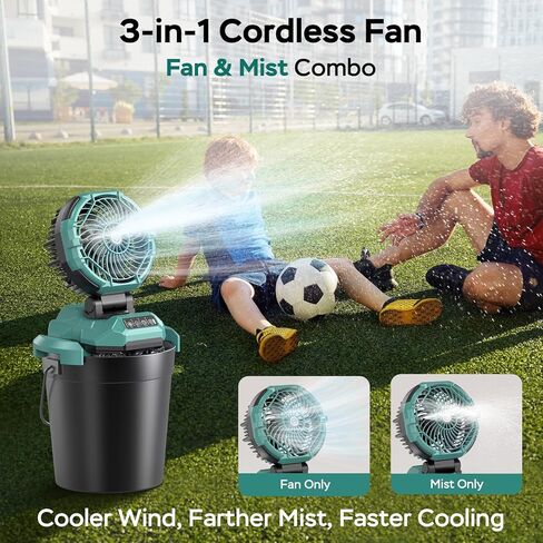 Portable Misting Fan for Outdoors Patios - 30000mAh Rechargeable Battery Powered Camping Fan, 4 Spray Mister with Timer, Fits 10-13" Bucket, 4 Speed, 90° Auto Oscillation for Garden Sports Travel Golf in Kuwait