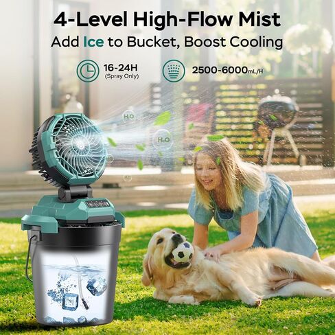 Portable Misting Fan for Outdoors Patios - 30000mAh Rechargeable Battery Powered Camping Fan, 4 Spray Mister with Timer, Fits 10-13" Bucket, 4 Speed, 90° Auto Oscillation for Garden Sports Travel Golf in Kuwait