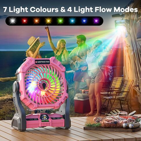 مروحة ضبابية محمولة مع فانوس RGB ، 30000 مللي أمبير في الساعة قابلة لإعادة الشحن المعجبين بالبطارية التي تعمل مع مروحة Mist مع إمدادات إعصار في حالات الطوارئ ، Mister Cooling Mister للسفر في الهواء الطلق in Kuwait