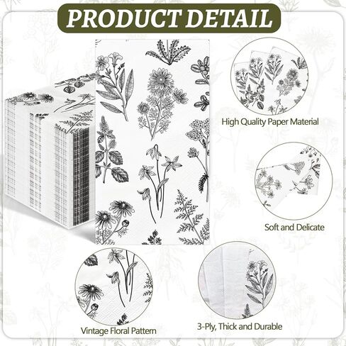 100pcs مناديل الورق الأزهار المناديل 3 مناشف يد يمكن التخلص منها للحمام للحمام خمر الضيوف برية الضيوف مناديل عشاء زهرة برية خضراء لحفل زفاف زفاف طفل دش ربيع الصيف in Kuwait