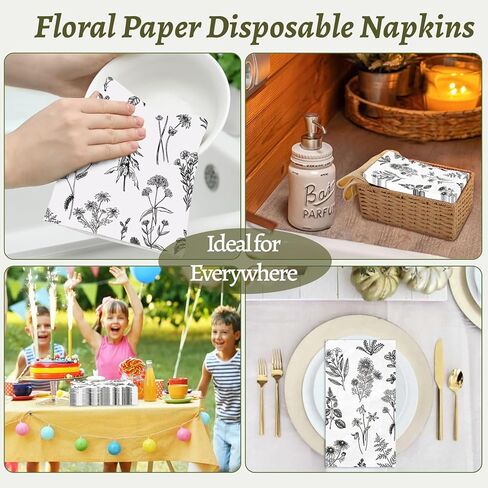 100pcs مناديل الورق الأزهار المناديل 3 مناشف يد يمكن التخلص منها للحمام للحمام خمر الضيوف برية الضيوف مناديل عشاء زهرة برية خضراء لحفل زفاف زفاف طفل دش ربيع الصيف in Kuwait
