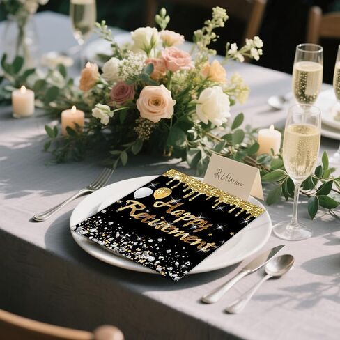 50PCS Retirement Party Napkins, Happy Retirement Decorations Cocktail Napkins Black and Gold Teacher Retirement Party Supplies in Kuwait