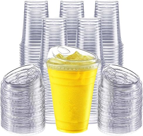 100 Pack 20 oz Clear Plastic Cups with Strawless Sip-Lids, Disposable Cold Drinking Cups with Lids, To Go Plastic Container for Iced Cold Coffee, and Soda for Events and Everyday Use. in Saudi Arabia