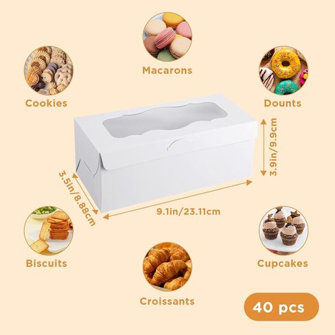 40 Pcs 9x4x3.5 Inch Cookie Boxes White Bakery Boxes with Window, Loaf Cake Boxes for Roll Cakes, Desserts, Muffins, Donuts, Candies and Pastries (9 Inch) in Kuwait