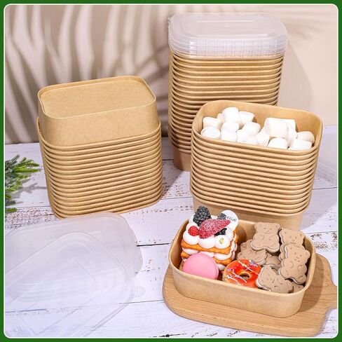 100pcs 17oz ، قم بإخراج حاويات الطعام من الأوعية الورقية كرافت التي يمكن التخلص منها مع أغطية مستطيل حاويات حاويات سلطة السلطة للمطعم المنزلي للتخييم الساخن in Kuwait