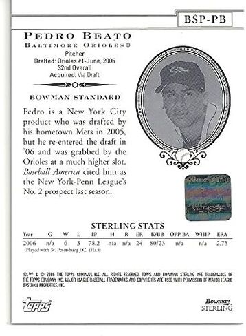 Pedro Beato Autographed "Bowman Sterling Prospect Autograph" - 2006 Bowman Sterling Baseball Card #BSP-PB (Baltimore Orioles) Free Shipping in Saudi Arabia