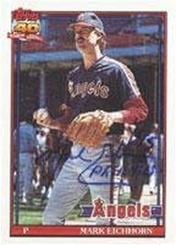 Mark Eichhorn California Angels 1991 Topps card. يأتي هذا العنصر مع شهادة أصالة من رياضة السيارات. موقعة - MLB بطاقات البيسبول موقعة in Kuwait