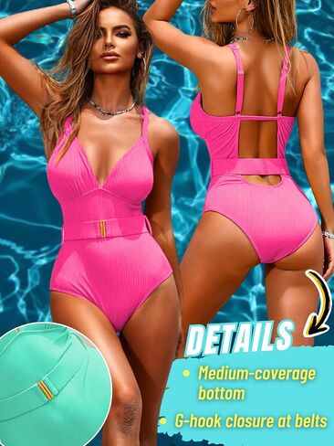 Sexy One Piece Swimsuit Women,Deep V Backless Ribbed Swimsuits with Belt,Tummy Control Cheeky Monokini Beach Pool in Saudi Arabia