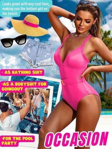 Sexy One Piece Swimsuit Women,Deep V Backless Ribbed Swimsuits with Belt,Tummy Control Cheeky Monokini Beach Pool in Saudi Arabia