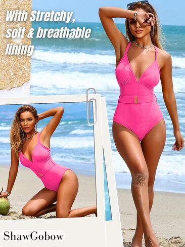 Sexy One Piece Swimsuit Women,Deep V Backless Ribbed Swimsuits with Belt,Tummy Control Cheeky Monokini Beach Pool in Saudi Arabia