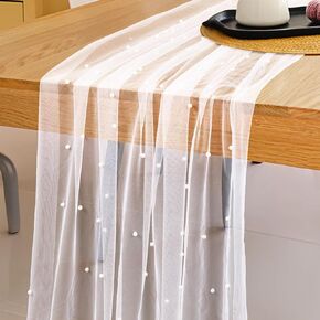 طاولة اللؤلؤ عداء الجدول زفاف عداء 30x120 بوصة الدانتيل Tulle النسيج الجدول عداء أبيض لؤلؤة طاولة قطعة قماش لعيد ميلاد الزفاف دش الزفاف قوس الزفاف الزواج من الملابس الزفاف in Kuwait