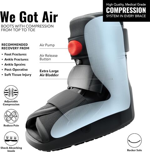 Rapid Recover Short Walking Boot, Fracture Boot, Medical Grade Foot Brace for Fractures, Ankle Boot & Brace, Adjustable Air Pump, Sprain & Injury Recovery, Post Op Shoe, Foot Boot for Injured Foot, Medium, Black in Kuwait