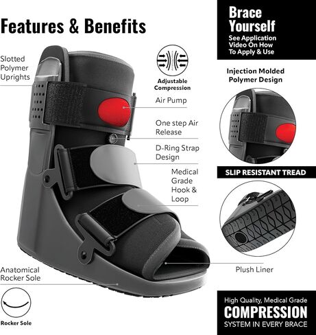 Rapid Recover Short Walking Boot, Fracture Boot, Medical Grade Foot Brace for Fractures, Ankle Boot & Brace, Adjustable Air Pump, Sprain & Injury Recovery, Post Op Shoe, Foot Boot for Injured Foot, Medium, Black in Kuwait