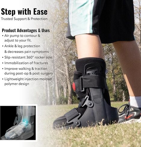 Rapid Recover Short Walking Boot, Fracture Boot, Medical Grade Foot Brace for Fractures, Ankle Boot & Brace, Adjustable Air Pump, Sprain & Injury Recovery, Post Op Shoe, Foot Boot for Injured Foot, Medium, Black in Kuwait