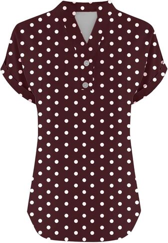 Womens Summer Tops Short Sleeve Shirts Loose Shirts Cotton Linen Work Blouses Henley V Neck Polk Dot Print Clothes in Saudi Arabia