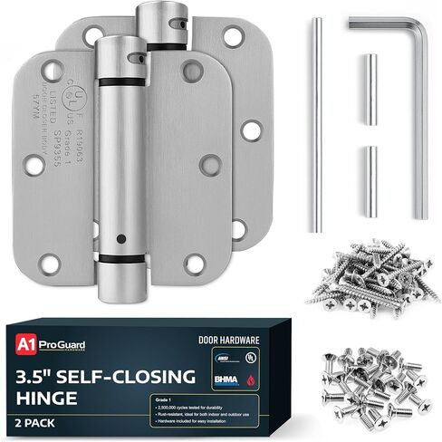 A1 ProGuard - Self Closing Spring Loaded Hinges, 3.5 Inch, Adjustable Tension for Garage, Front, Back Door, Door Closer Hinge, UL Listed, Left/Right Hand, 5/8'' Radius Corners, Brushed Nickel, 2 Pack in Kuwait