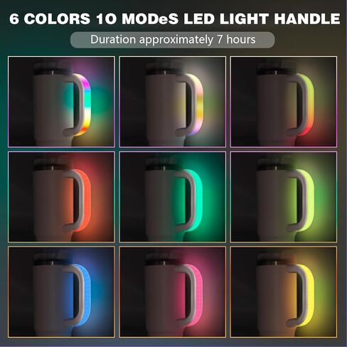 مقبض كوب LED - مقبض متوهج USB مع 10 أوضاع ملونة ، مقاوم للماء ومقاوم للصدمات ، متوافق مع ستانلي 30 أوقية و 40 أونصة ، مثالية للتخييم واللياقة البدنية والاستخدام الليلي (رمادي) in Kuwait