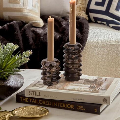 HofferRuffer Travertine Candlestick Holders, Set of 2 Natural Stone Candle Holder Decorative Candle Stands for Wedding, Dinning, Party, Table Centerpieces, Fits 3/4'' Thick Candles (Cream White) in Kuwait