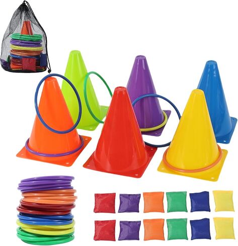 42 PCS 3-in-1 ألعاب الكرنفال مجموعة مخاريط بلاستيكية ملونة رنين إرم مجموعة كومبو مجموعة ألعاب كرنفال في الهواء الطلق كيس فول كيس للأطفال البالغين حفلة عيد ميلاد في الهواء الطلق ألعاب الرمي في الهواء الطلق in Saudi Arabia