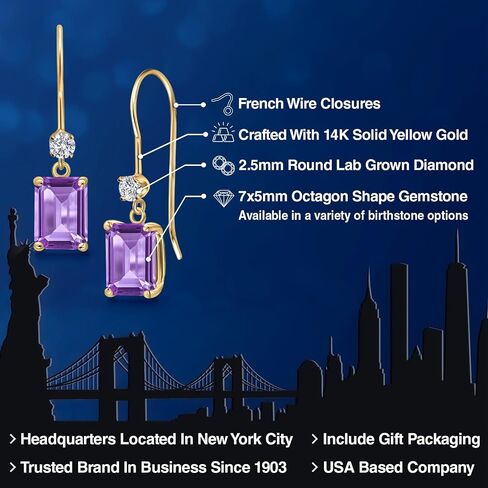 GEM Stone King 14k الذهب الأصفر الأسود Onyx والمختبر المزرعة الماس أركان أقراط للنساء | 2.07 CTTW | الأحجار الكريمة ديسمبر المولد | Emerald قطع 7x5mm in Kuwait