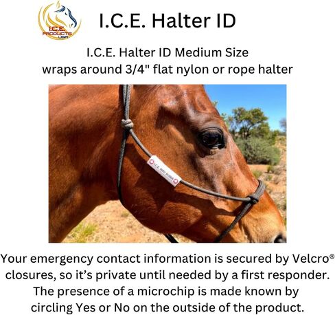 I.C.E. Halter ID Wraps Around a Flat or Rope Halter and Provides Your Emergency Contact Info to First Responder. Ideal for Everyday Use as Well as for Natural Disaster Preparation in Saudi Arabia